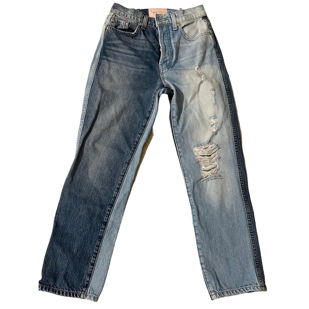 Revice High Rise Straight Leg Distressed Butt Rip Denim Jeans size 25 Light Wash